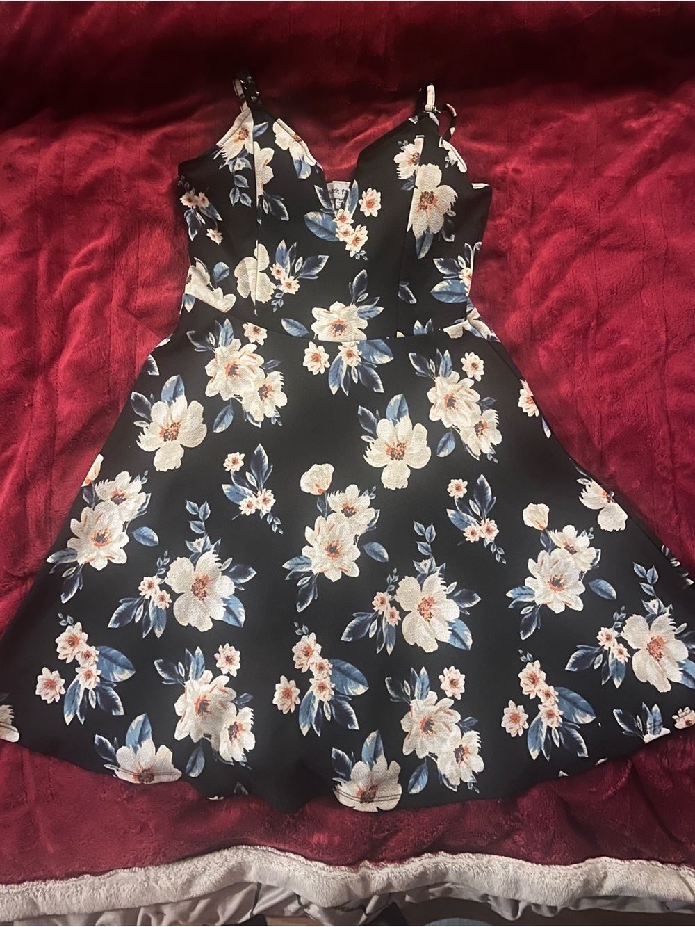 Almost Famous Black Lined Floral Dress with Blue Accents
